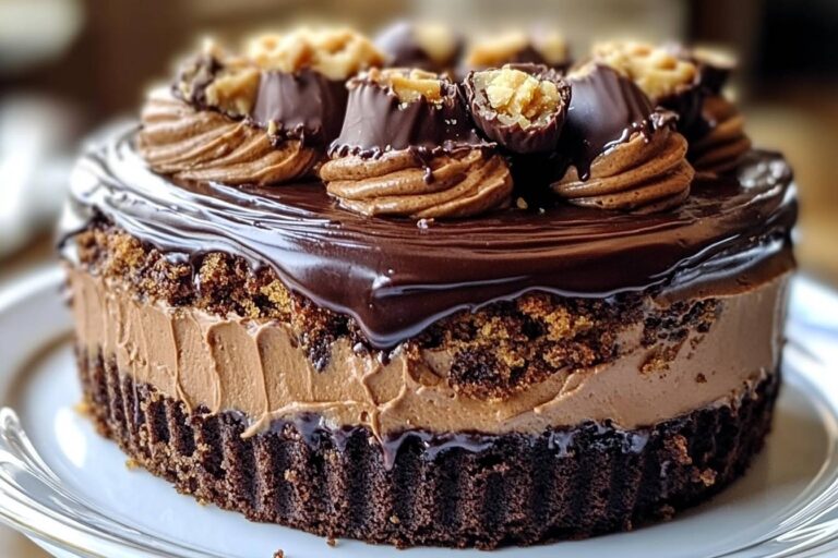 A stunning Chocolate Peanut Butter Cup Galaxy Cake with rich layers of chocolate cake, creamy peanut butter frosting, chocolate ganache drizzle, and galaxy-themed decorations.