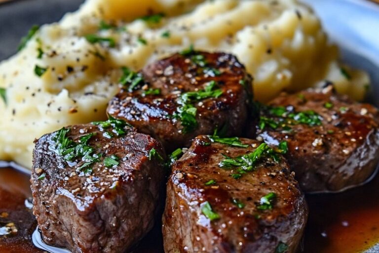 A plate of Garlic Butter Steak Bites served over creamy mashed potatoes, garnished with fresh parsley.