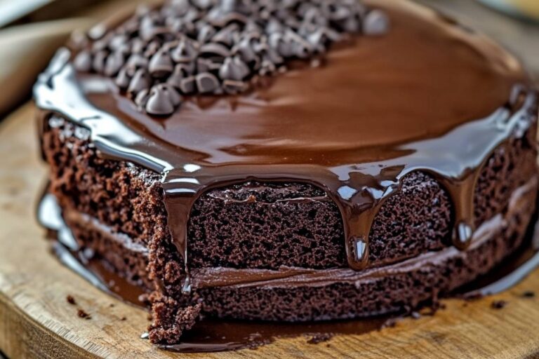 A decadent chocolate cake topped with a smooth, glossy chocolate ganache, with ganache dripping down the sides.