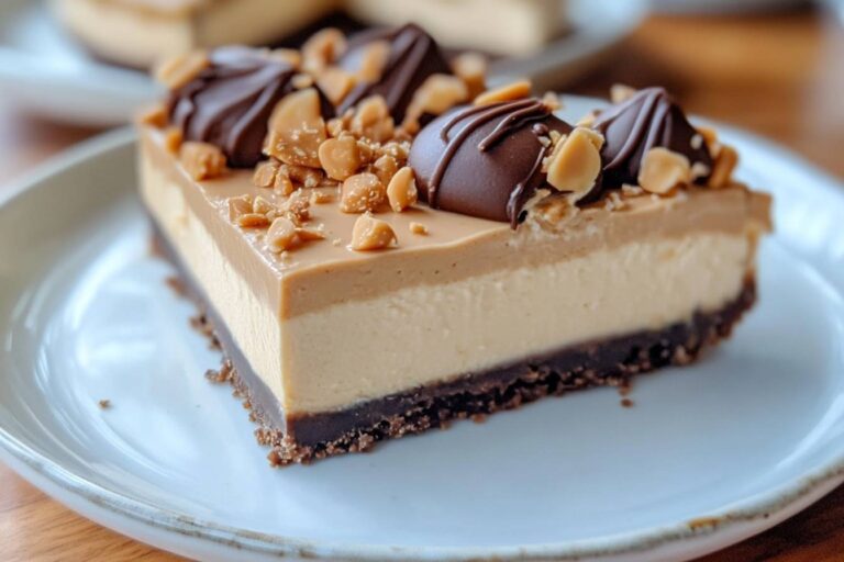 A creamy peanut butter cheesecake with a graham cracker crust, topped with chocolate chips and ready to be served.