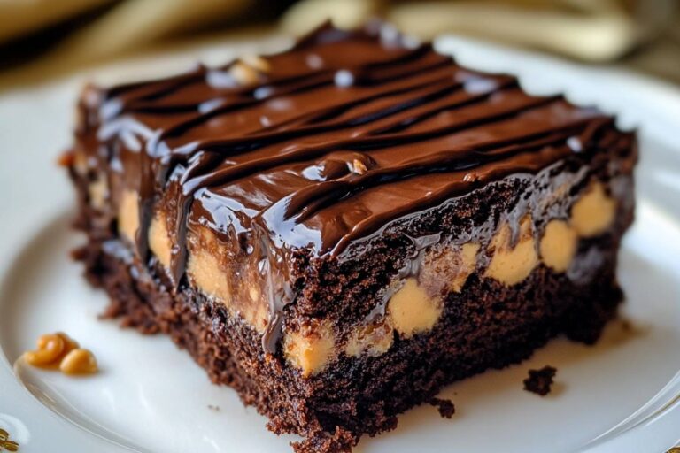 A gooey chocolate peanut butter cake with a soft, creamy top and melted chocolate chips, served in a baking dish.