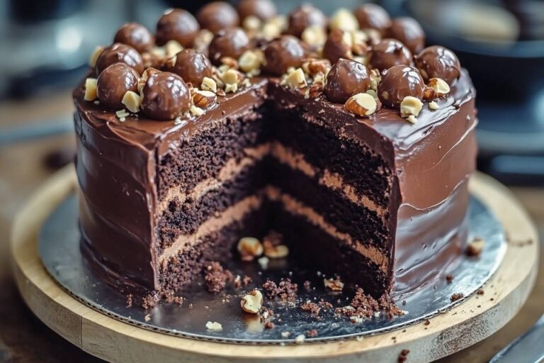 A beautifully decorated chocolate hazelnut layer cake with toasted hazelnuts and chocolate truffles on top, ready to be sliced.