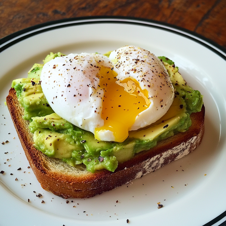 A vibrant plate featuring avocado toast topped with a perfectly poached egg, sprinkled with red pepper flakes, served on a rustic wooden table.