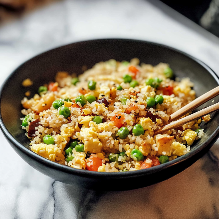 A colorful plate of cauliflower fried rice with carrots, edamame, and green onions, garnished with a drizzle of soy sauce.