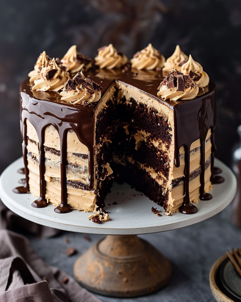 A slice of moist, three-layer Chocolate Peanut Butter Cake with creamy peanut butter frosting and a glossy chocolate glaze, served on a white plate. The cake is topped with chocolate shavings and surrounded by decorative cake crumbs.