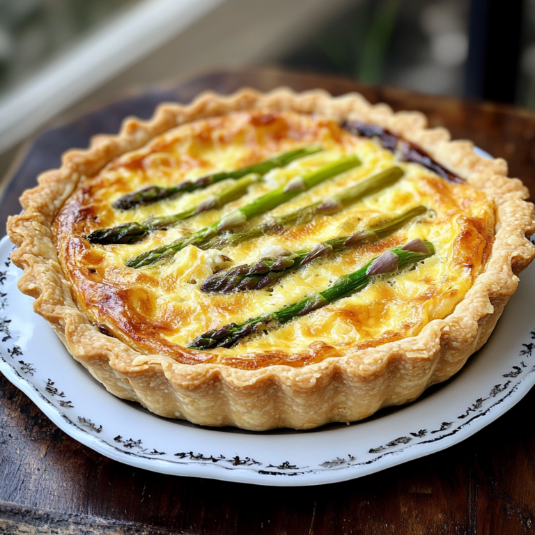 A slice of Crabmeat and Asparagus Quiche Tart on a plate, garnished with fresh herbs and asparagus tips.