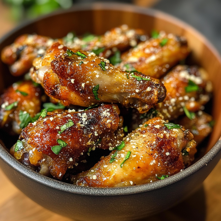 Crispy garlic parmesan chicken wings tossed in a savory garlic butter sauce, garnished with parsley and parmesan, ready to serve on a plate.