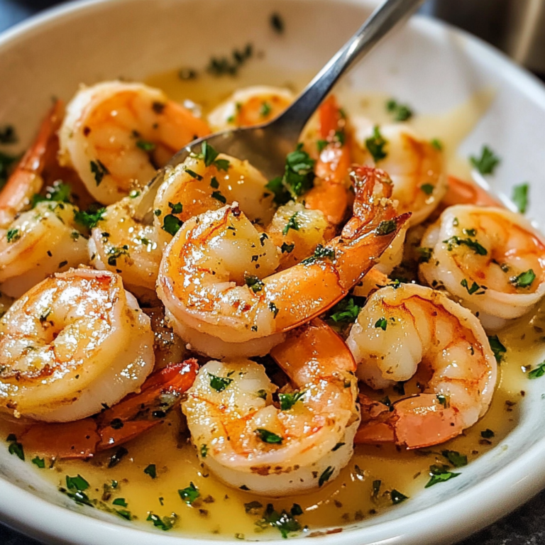 A plate of garlic butter shrimp with a drizzle of lemon juice, garnished with freshly chopped parsley.