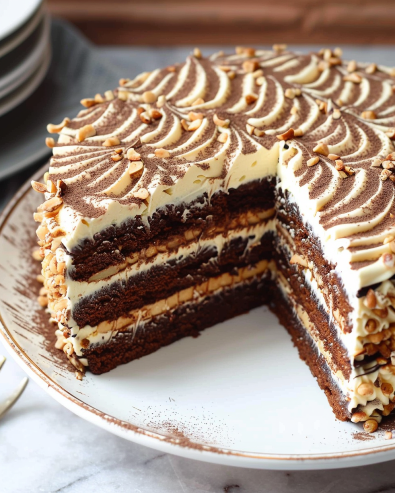 A slice of Hungarian Hazelnut and Chocolate Layer Cake (Esterhazy Torte) showcasing layers of hazelnut dacquoise and chocolate pastry cream with elegant vanilla and chocolate glazes.