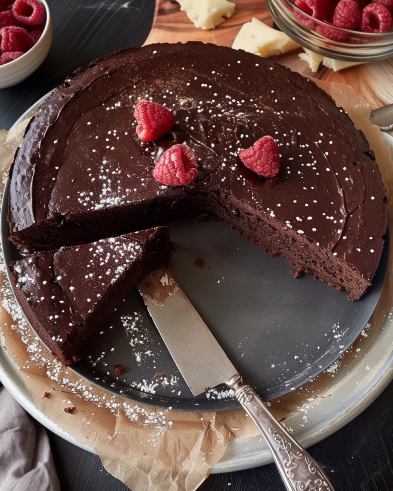 A luxurious Flourless Chocolate Cake topped with a glossy dark chocolate ganache, garnished with a few fresh berries. The cake sits on a white plate, showcasing its rich, smooth texture.