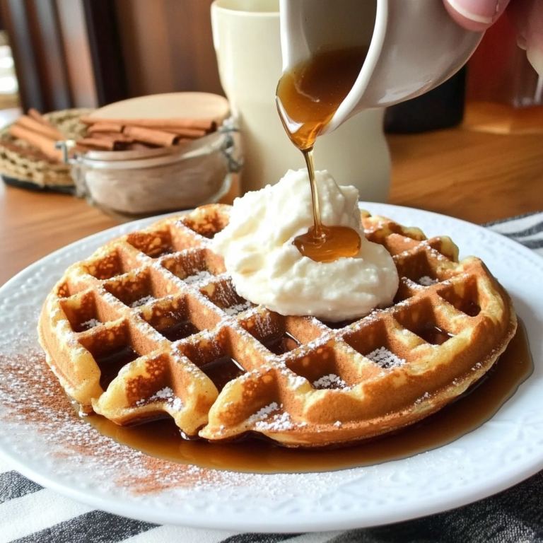 A plate of golden, fluffy apple butter waffles drizzled with homemade cinnamon syrup, garnished with whipped cream.