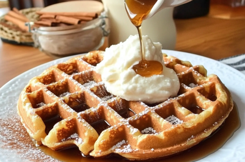 Fluffy Apple Butter Waffles with Homemade Cinnamon Syrup