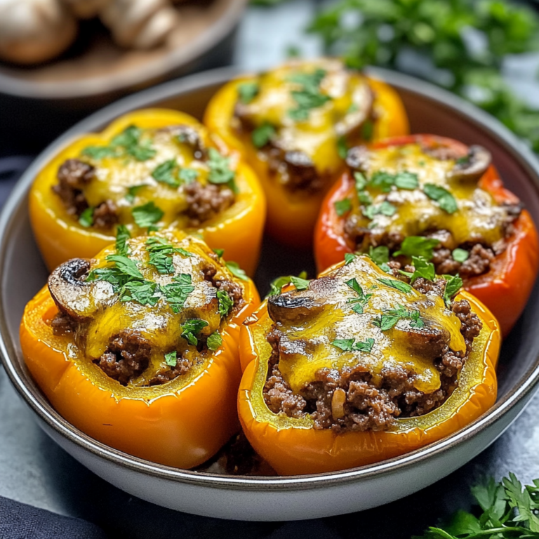 Keto-friendly beef and mushroom stuffed bell peppers topped with melted cheddar cheese, served hot in a baking dish.