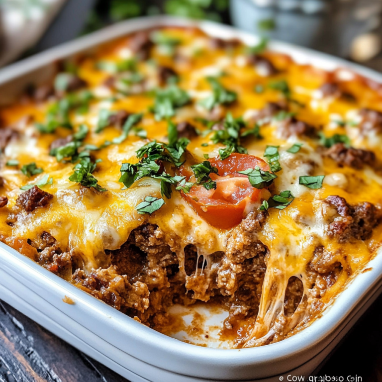 A hearty serving of keto cheeseburger casserole with golden-brown melted cheese on top, garnished with fresh herbs.