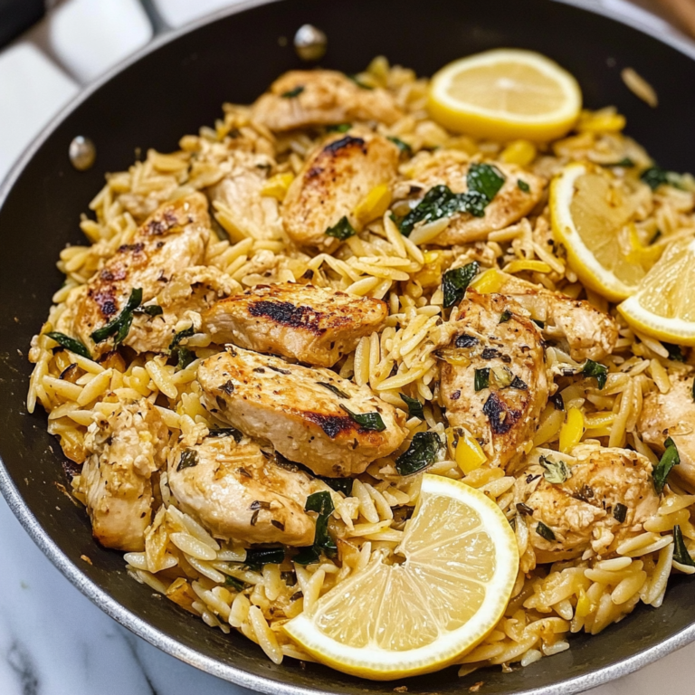 One-pan lemon chicken orzo with spinach and parmesan in a skillet