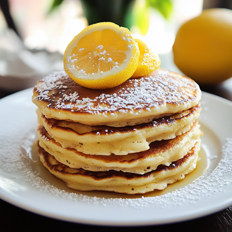 A stack of fluffy lemon ricotta pancakes drizzled with syrup and topped with fresh berries, served on a plate.