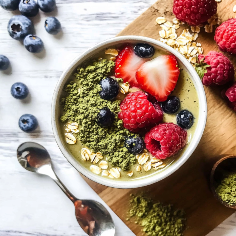 A jar of mixed berries and matcha overnight oats topped with fresh berries and hemp seeds, set on a wooden table.