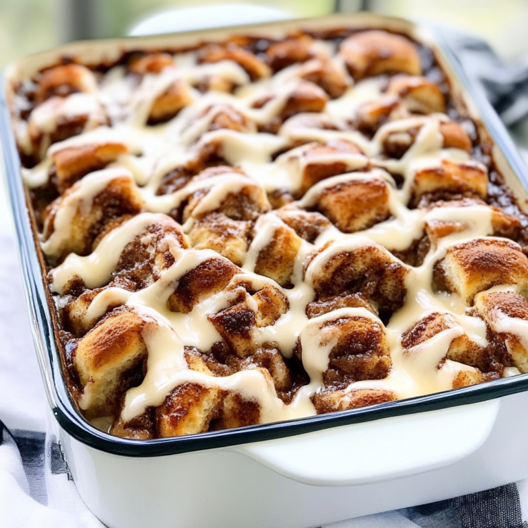 A warm serving of Overnight Cinnamon Roll Casserole drizzled with cream cheese icing on a plate, garnished with a sprinkle of cinnamon.