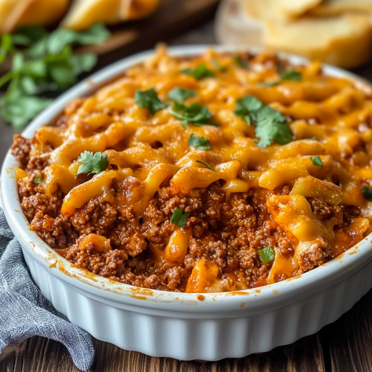 Sloppy Joe Casserole with melted cheese in a baking dish