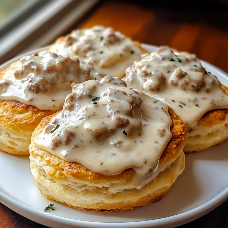 A plate of fluffy Southern-style biscuits topped with rich sausage gravy, garnished with fresh herbs.