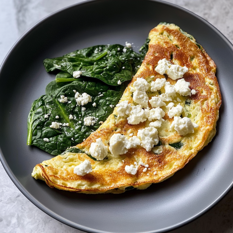 A beautifully plated spinach and feta omelette garnished with herbs, served on a breakfast table.