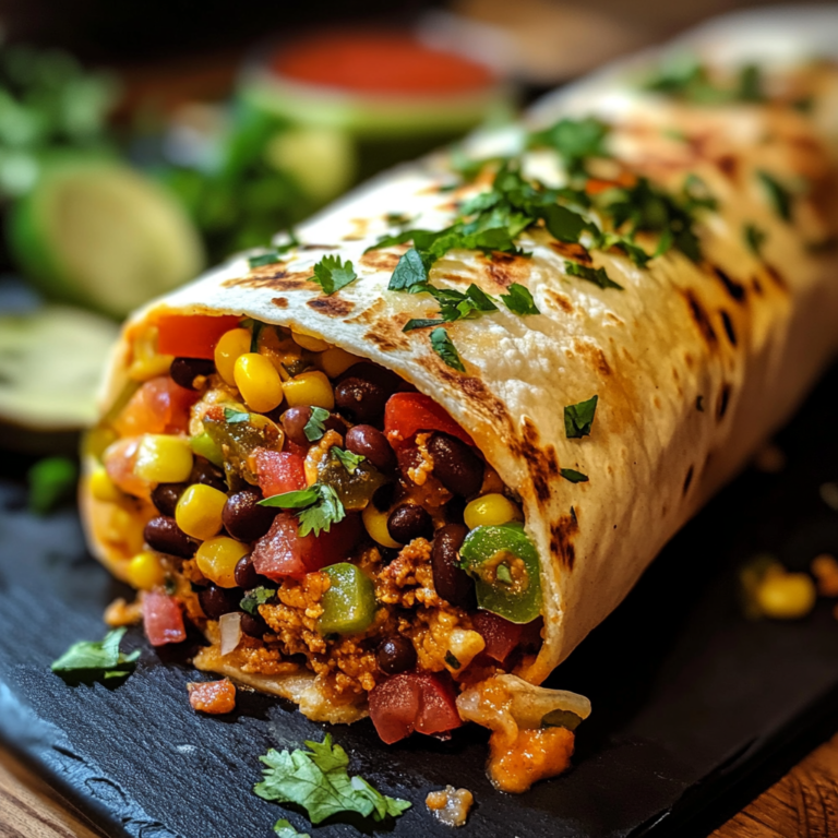 A colorful Southwest Fiesta Burrito filled with scrambled eggs, black beans, corn, and topped with guacamole, served on a wooden board.