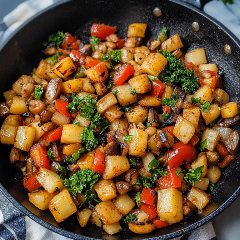 A colorful skillet filled with Vegan Hash, featuring chickpeas, potatoes, and a variety of chopped vegetables.