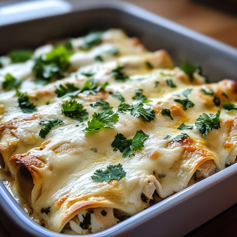 Creamy white chicken enchiladas topped with melted cheese in a baking dish